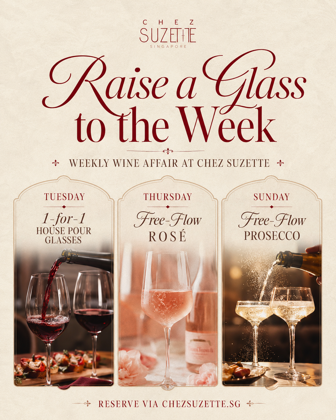 Chez Suzette weekly wine affair campaign with Tuesday Thursday and Sunday dining offers